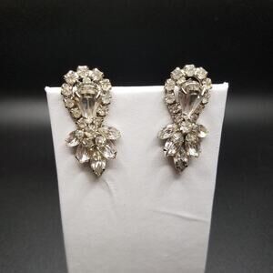 Vintage Clear Rhinestone Clip Earrings, Wedding Formal, Rhodium Plate, 1 1/2 In.